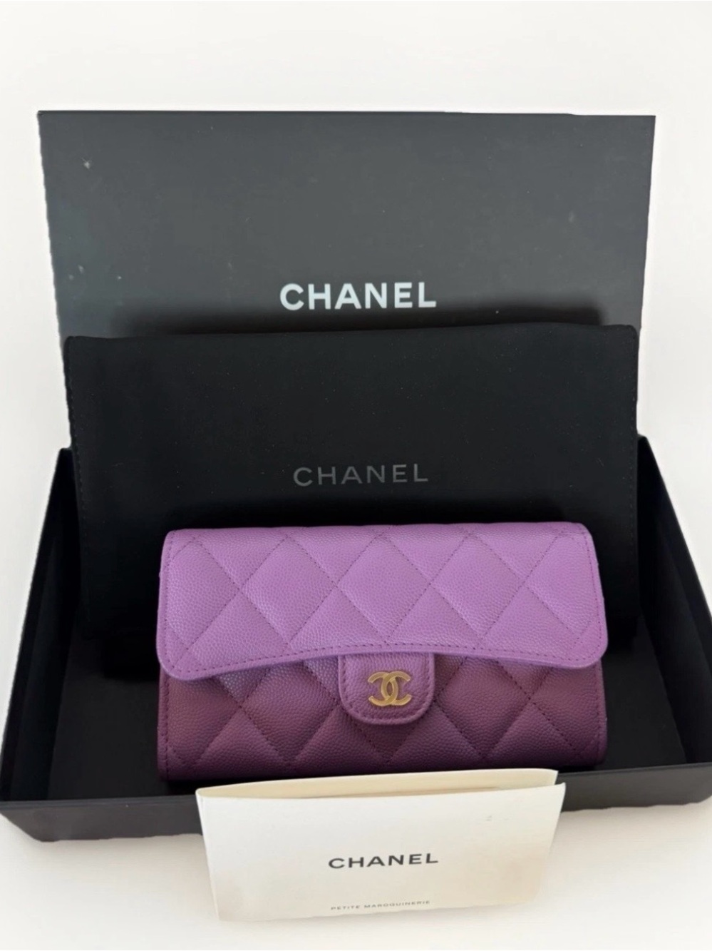 ‘NEW’ CHANEL Purple Continental Flap Wallet CC Logo Credit Card Slots Folding